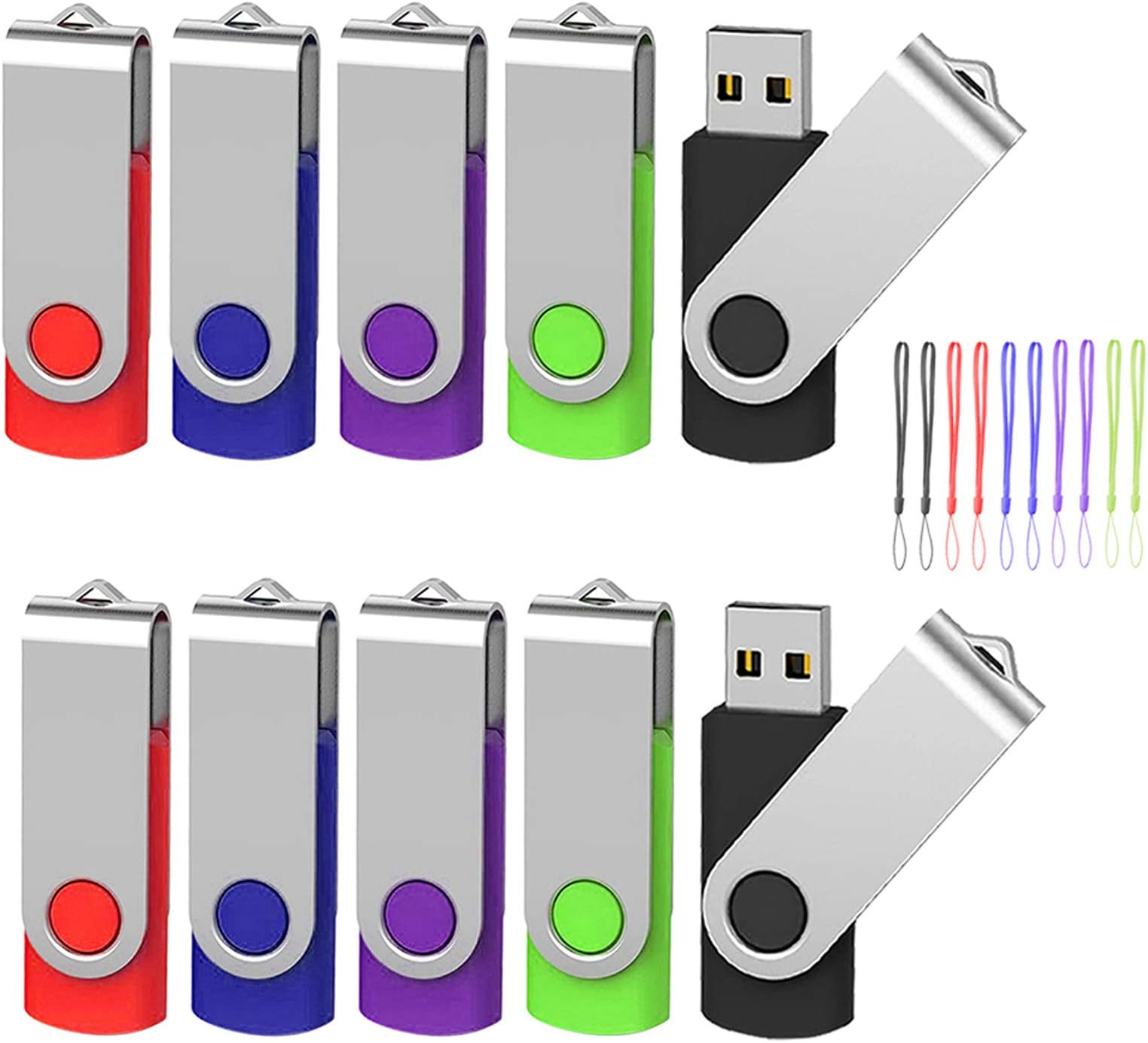 EASTBULL 10 Pack 64GB Flash Memory USB 2.0 Flash Drive 360° Rotatable Dustproof with Strap LED Light (64GB 5 Colors)