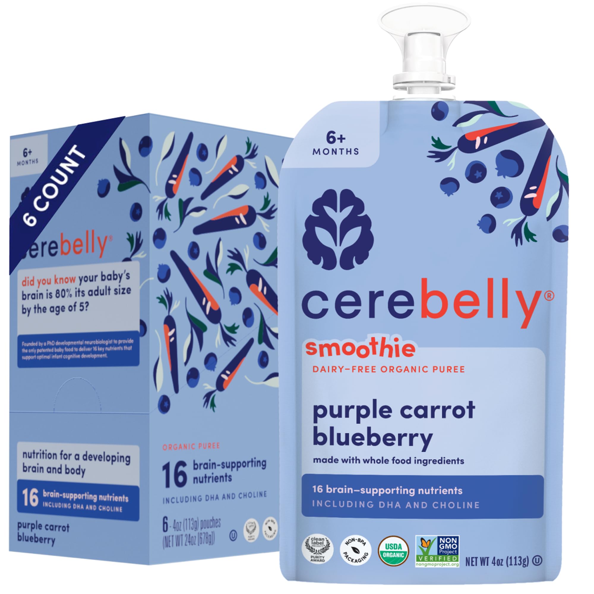 Cerebelly Organic Baby Food Pouches, Purple Carrot Blueberry Smoothie Purees, 16 Nutrients, No Added Sugar, Non-GMO, Toddler Snacks, 4oz, 6 Pack