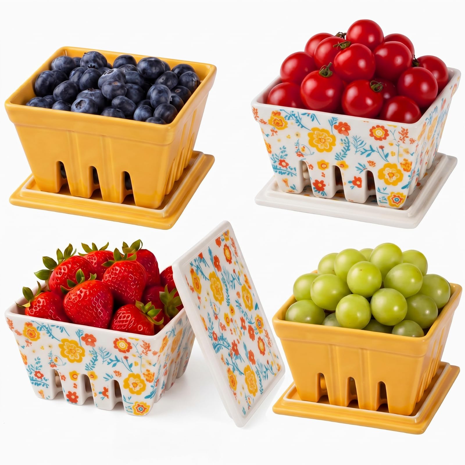 Blushtier 4 Pack Ceramic Berry Basket with Lids, Flower, Yellow, White
