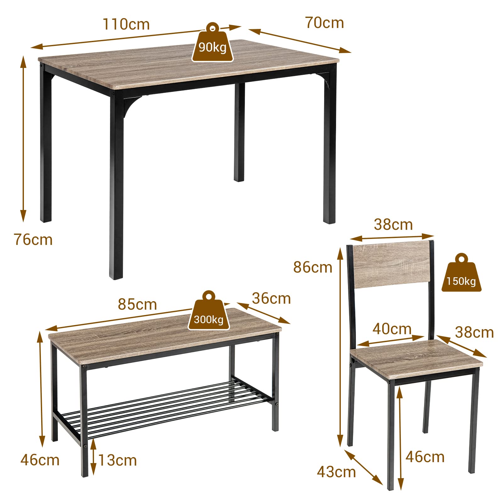 COSTWAY Set Tavolo e Sedie da Cucina 4 Pezzi, Tavolo da Pranzo con 2 Sedie e 1 Panca, Set Mobili da Cucina Salvaspazio con 4 Posti, per Sala da Pranzo e Soggiorno (Rovere grigio)