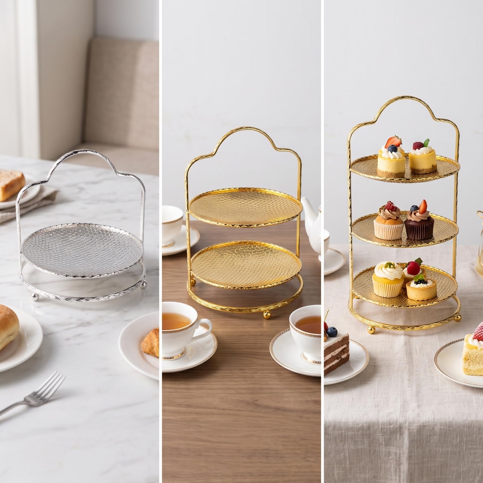 Alzata in Metallo con Vassoio Traforato Decorativo Piatto da Portata Stile Europeo per Buffet, Pasticceria, Tavola , Oro , Grande Un Piano