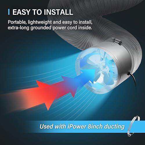 Miniatura 10 de iPower Ventilador en línea de 8 pulgadas 420 CFM con bajo ruido, escape para ventilación HVAC en tienda de cultivo, sótanos, baños y cocinas