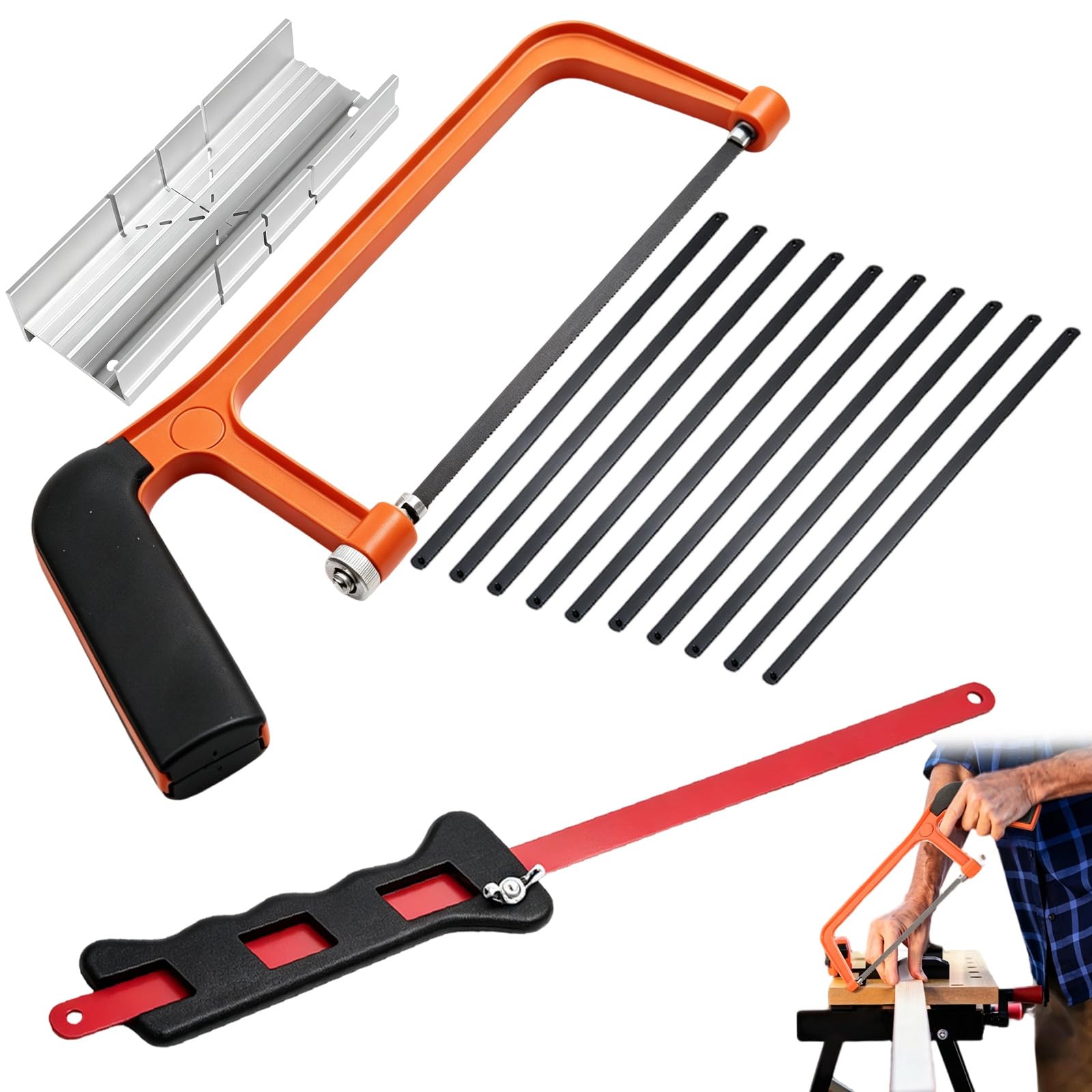 Benaewa 13pcs Junior Hacksaw with Mitre Block Set, Adjustable Metal Saw with 10 Exchangeable Blades for Cutting Metal, Plastic
