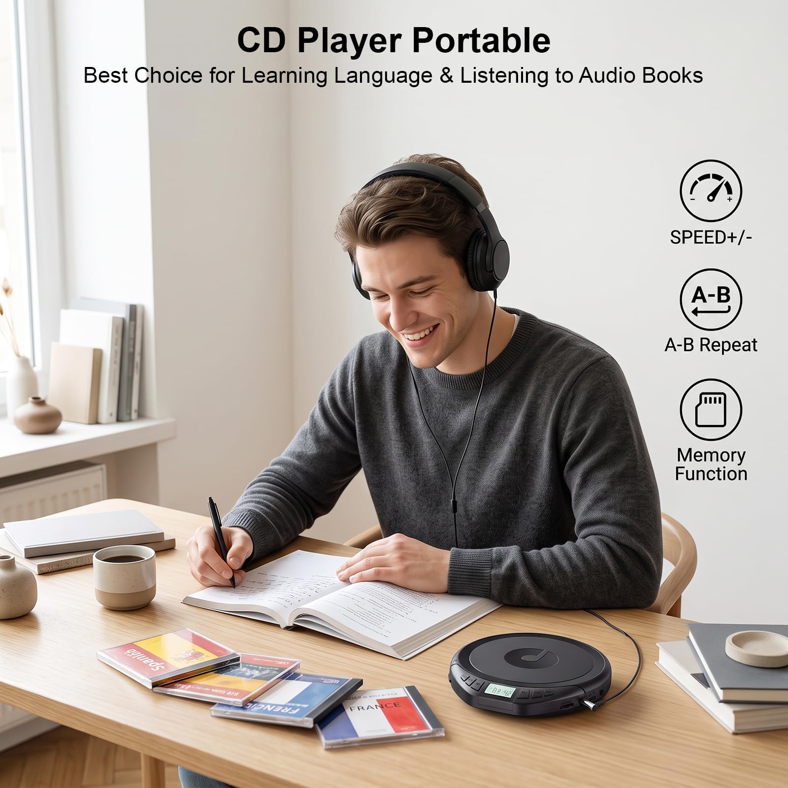 Gueray Lecteur CD portable avec écouteurs Lecteur CD pour voiture