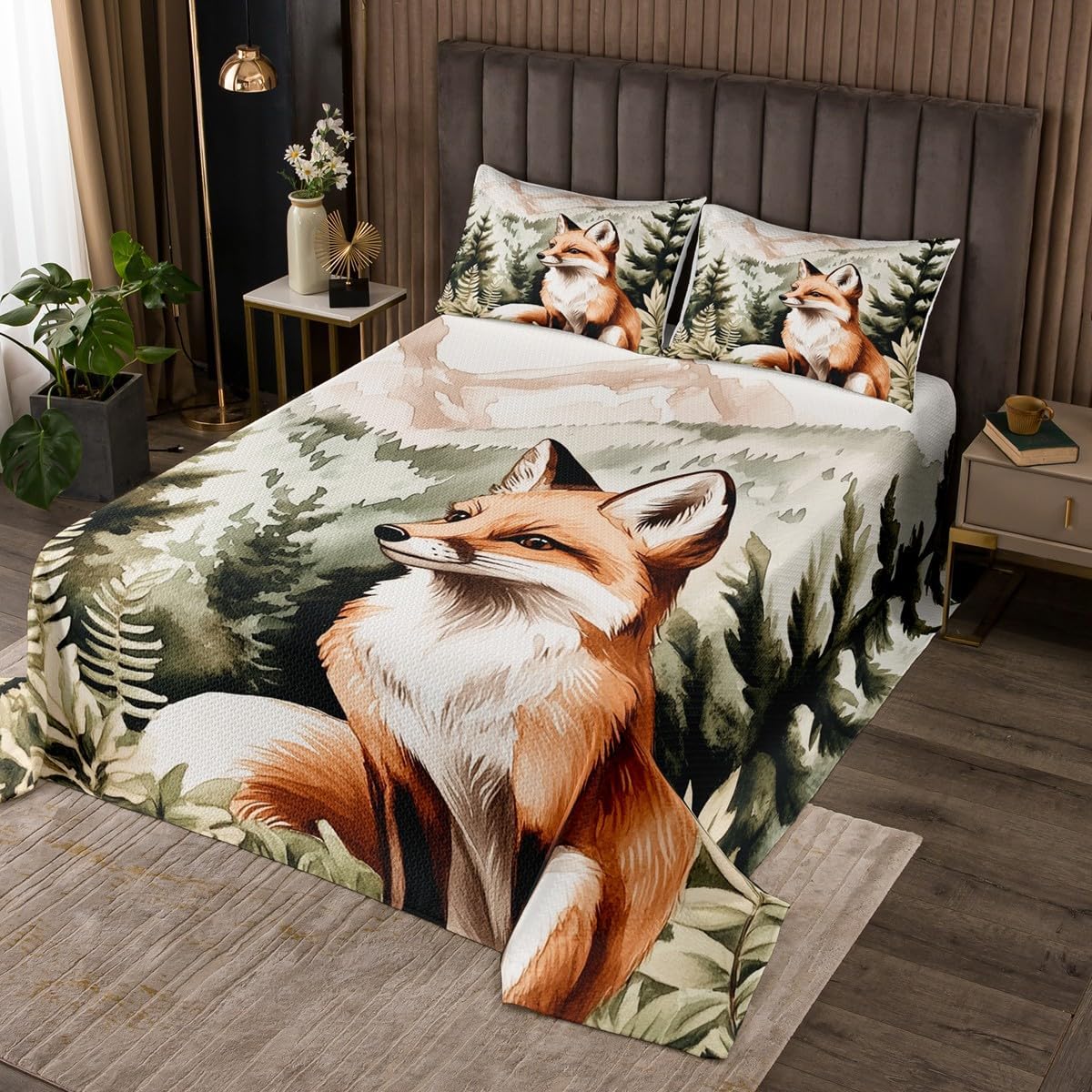 Homewish Rustic Style Bedspread Twin Size,Abstract Mountain Tree Bear Bedding Set for Kids Boys Teens Room Decor,Watercolor Wild Animal Nature Plant Coverlet Set 2Pcs,Wild Animal Quilt,1 Pillowcase