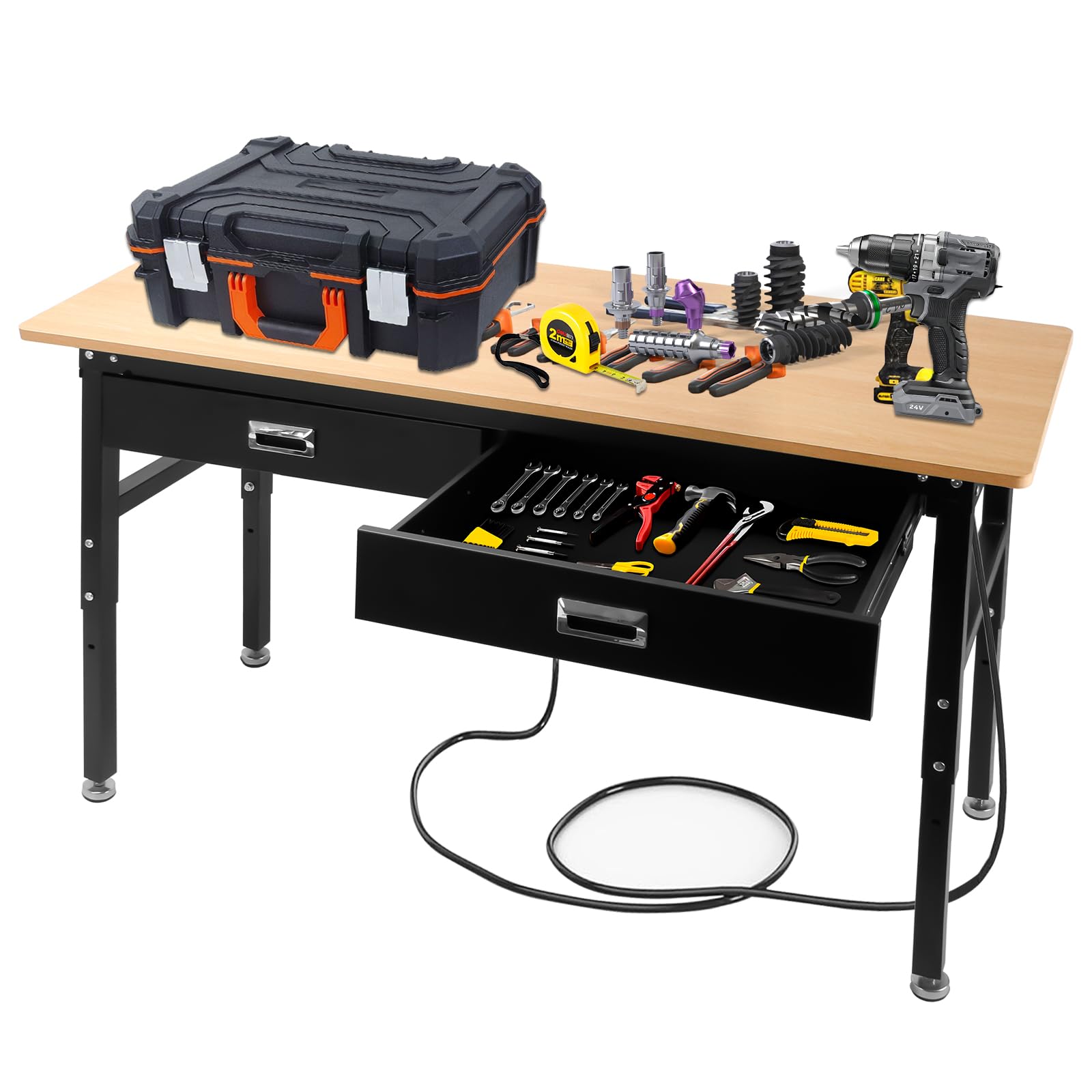 60'' Adjustable Workbench with Power Outlet,Workbenche with Drawer for Garage,2700 Lbs Capacity Hardwood Workbench,Heavy Duty Table for Workshop