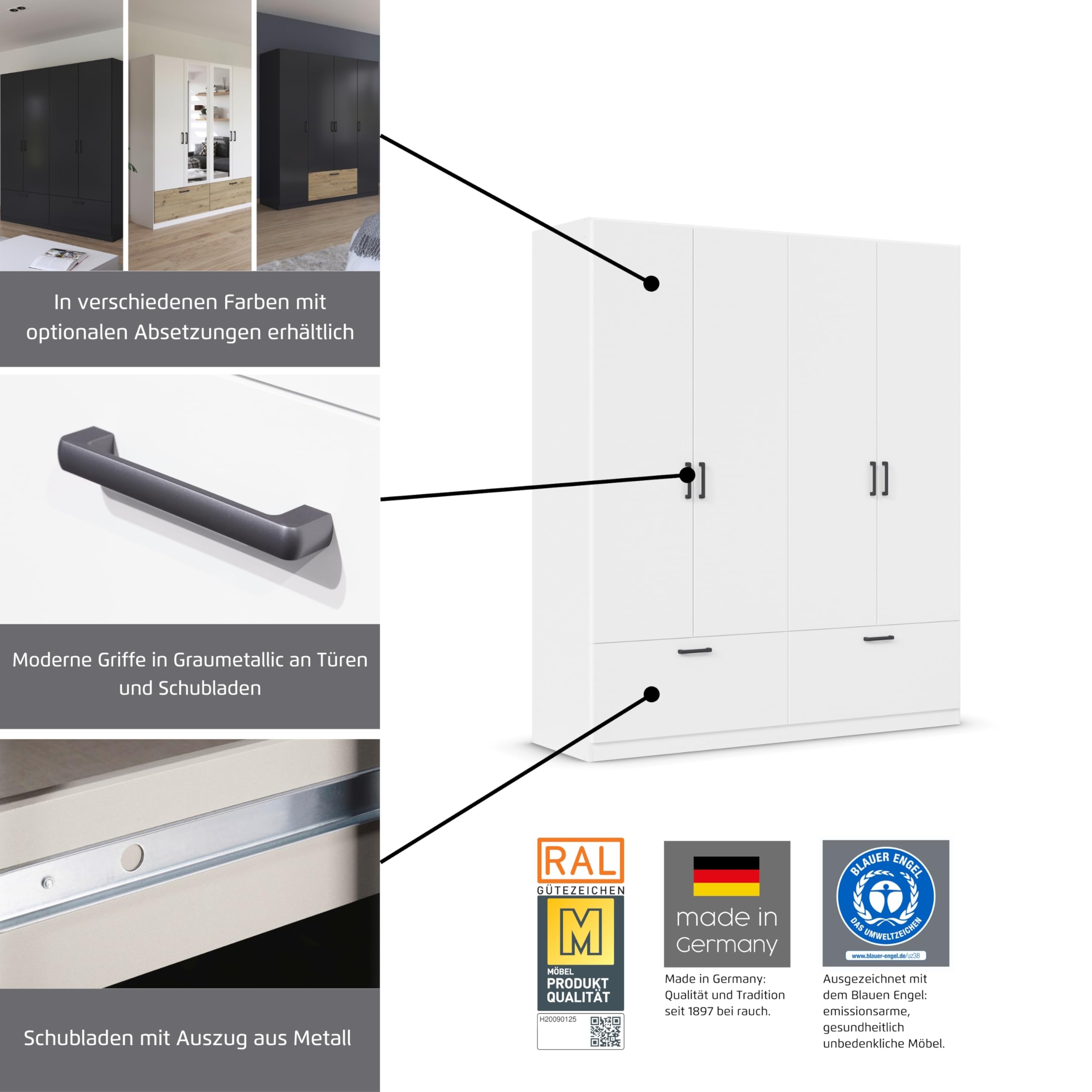 Rauch Möbel BARI, Kleiderschrank, Farbe Weiß/Eiche Artisan, Breite 271 cm | Schrank, 6-türig, 3 Schubladen, für Schlafzimmer, Kinderzimmer, Babyzimmer, Homeoffice, Garderobe, Flur