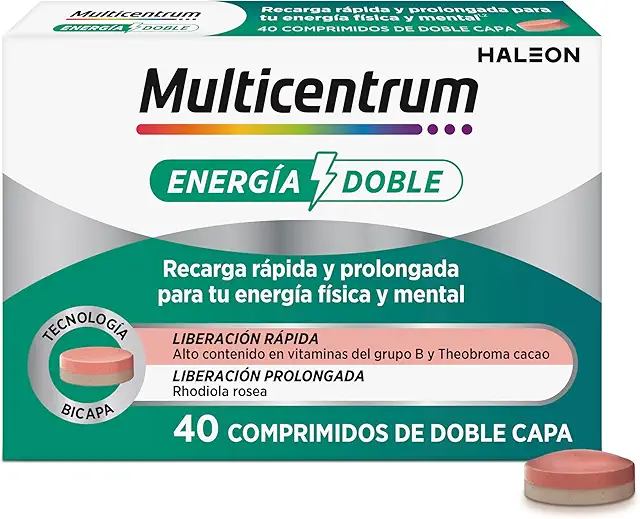 Imagen relacionada con Multicentrum Energía Doble, Complemento Alimenticio con Biotina, Vitamina B, Rhodiola Rosea y Theobroma Cacao Para una Recarga Rápida y Prolongada de tu Energía, 40 Comprimidos de Doble Capa
