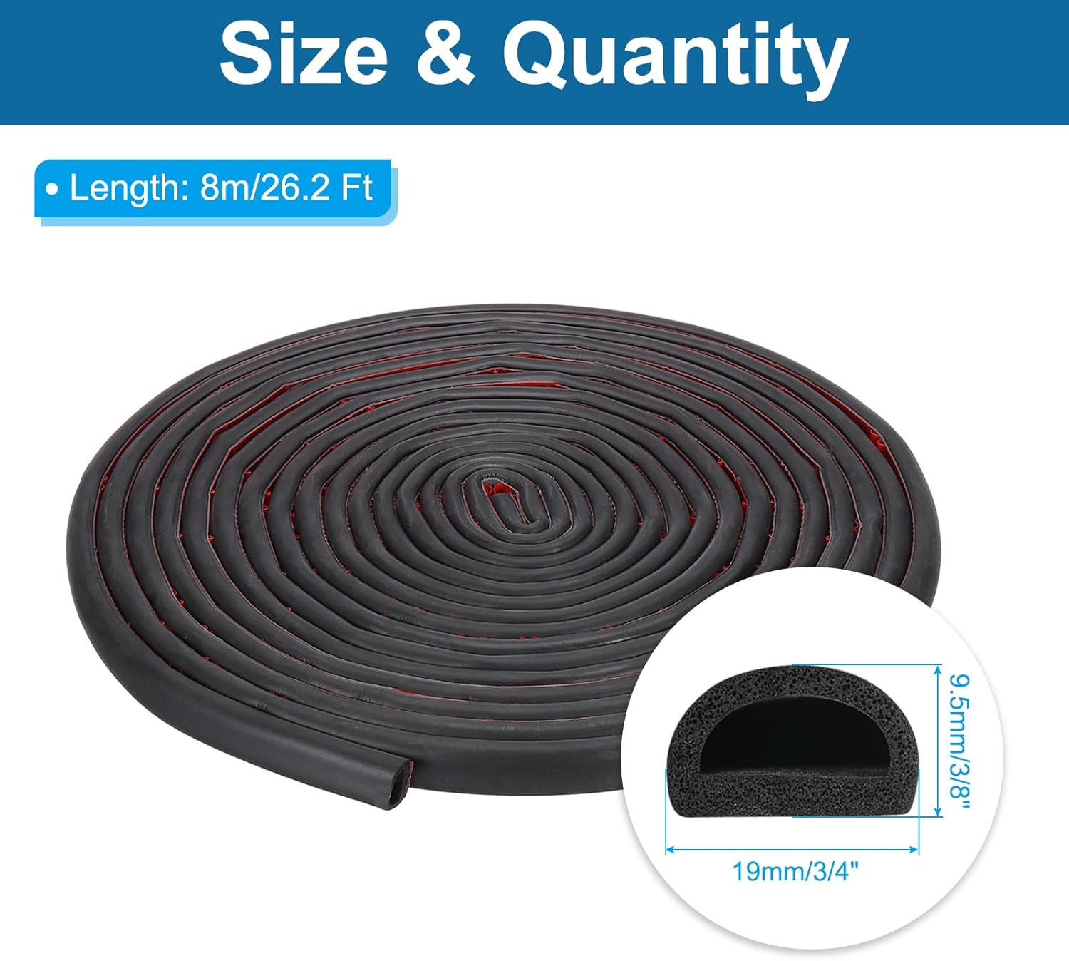PATIKIL 26.2 ft D Shape Rubber Seal Strip, Self-Adhesive EPDM Rubber Door Weather Stripping for Boat, RV, Auto, Truck, Marine, Garage Doors/Window, W: 3/4", H: 3/8", Black/Red