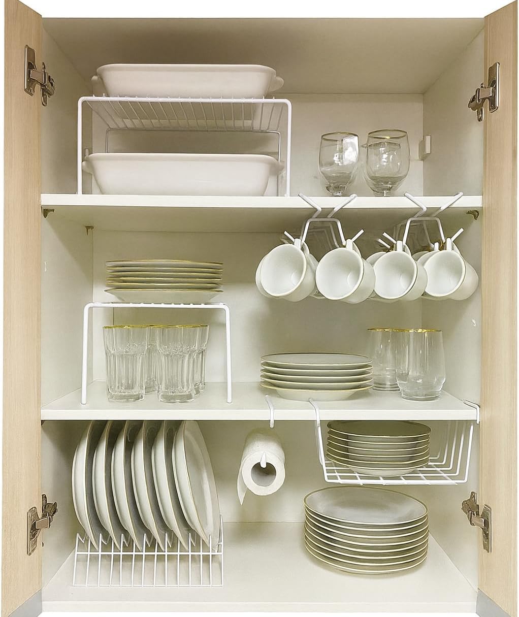 Kit Organizador de Armário Aramado de Cozinha Suporte de Prato Xícara Cesto 7 Peças Branco Pliar