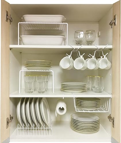 Kit Organizador de Armário Aramado de Cozinha Suporte de Prato Xícara Cesto 7 Peças Branco Pliar