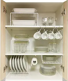 Kit Organizador de Armário Aramado de Cozinha Suporte de Prato Xícara Cesto 7 Peças Branco Pliar