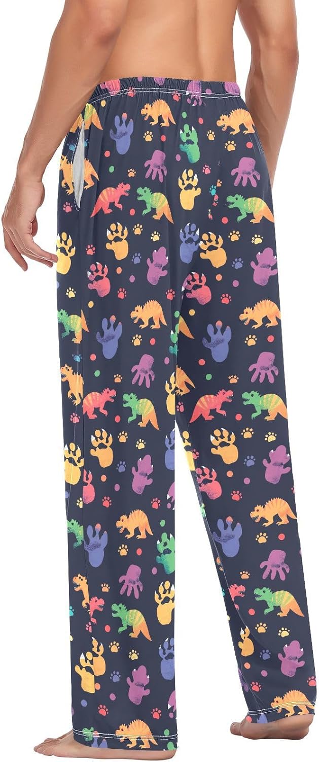 ALAZA Rainbow Dinosaur Dino Foot Print Men's Pajama Pants Men Cotton Pajama Bottoms with Pockets, S