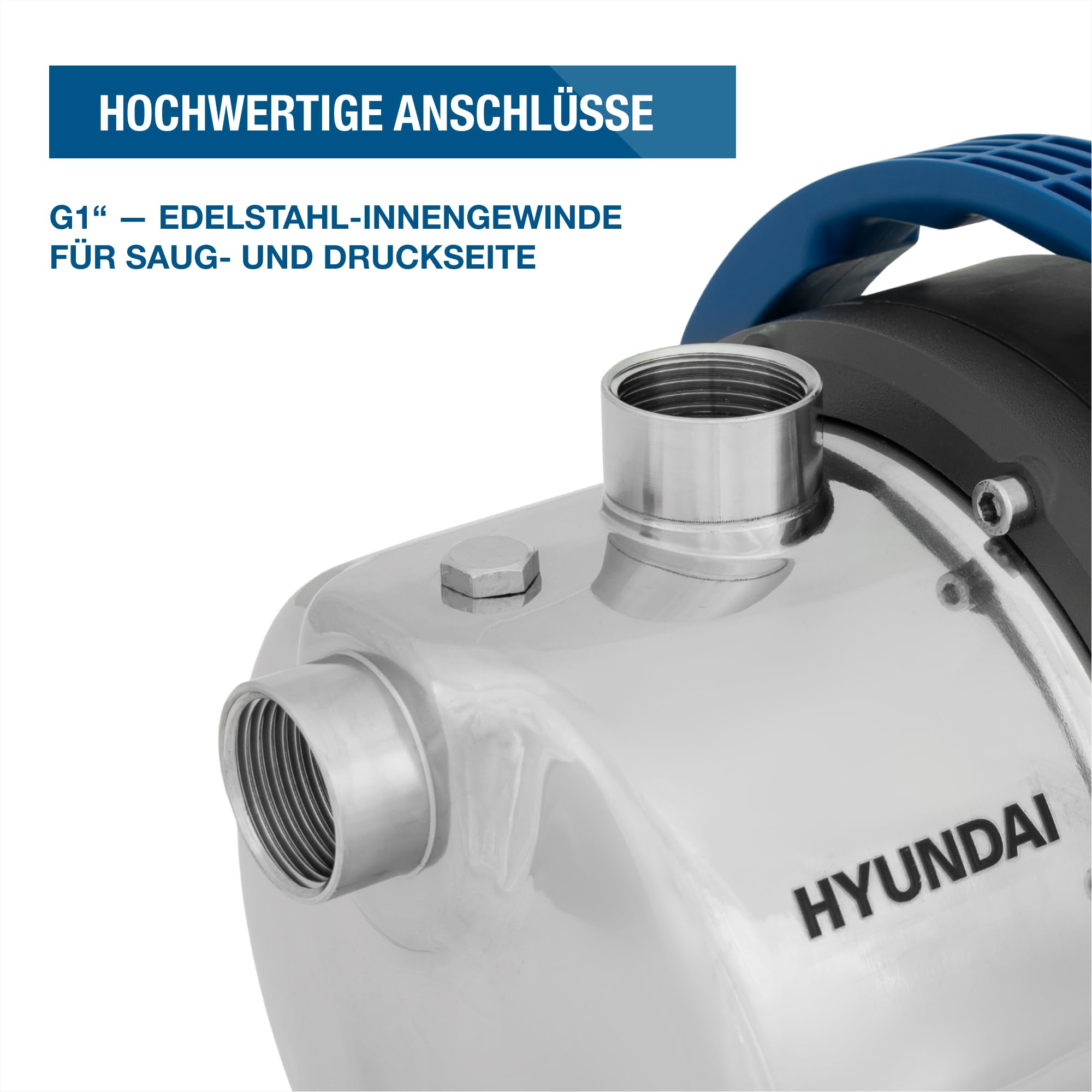 HYUNDAI Gartenpumpe GP12050 | 1200 W, Fördermenge 5.000 l/h | Förderhöhe: max. 50 m, Ansaughöhe: max. 8 m | Edelstahl-Gehäuse | Wasserpumpe