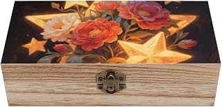 Colorful Star Floral Wooden Keepsake Box with Hinged Lid Handmade Memory Box for Wedding Keepsakes Crafts Jewelry Photos Elegant Decorative Storage Boxes Ideal Bridal Shower Gift