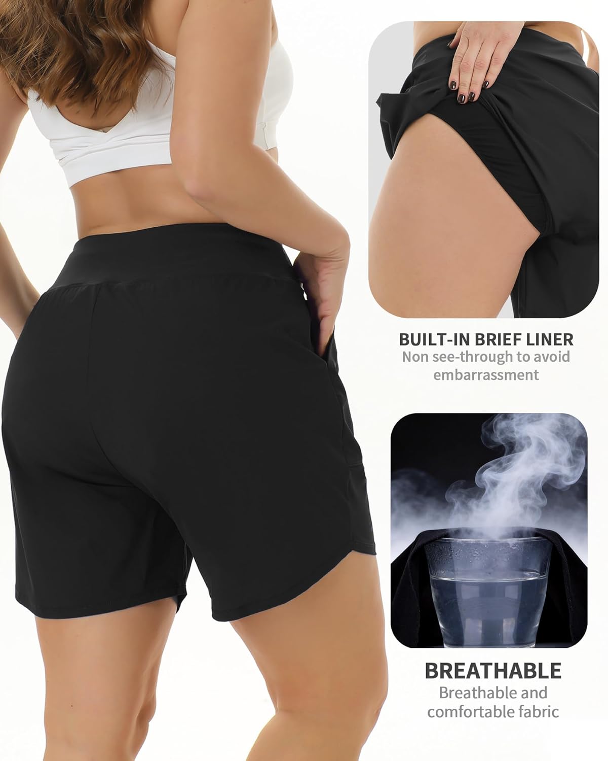 Womens Board Shorts for Swimming Drawstring High Waisted Tummy Control Quick Dry Swim Bottoms with Pockets Liners
