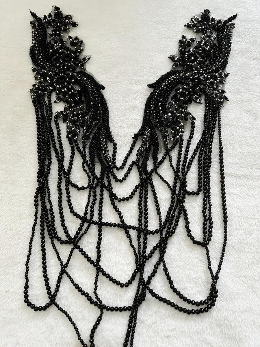 Handmade Rhinestone Fringe Patch Trim Crystal Beaded Applique for Sewing Crafts Wedding Party Decoration Bridal Dress Accessories 4.7X19.6inches (Black)