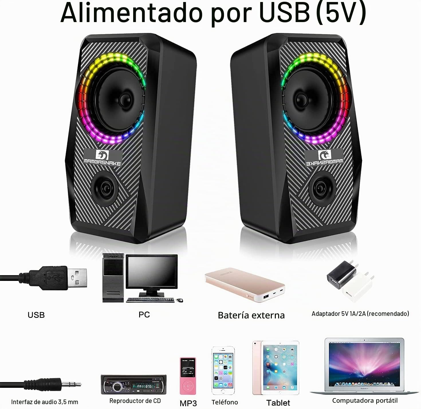 Diseño del Reino Unido Cableado 104 Teclas Teclado para Juegos Ratón Auriculares Altavoz Combo 5 en 1 con retroiluminación RGB múltiple Ratones de 2400 PPP Alfombrilla de ratón Grande para