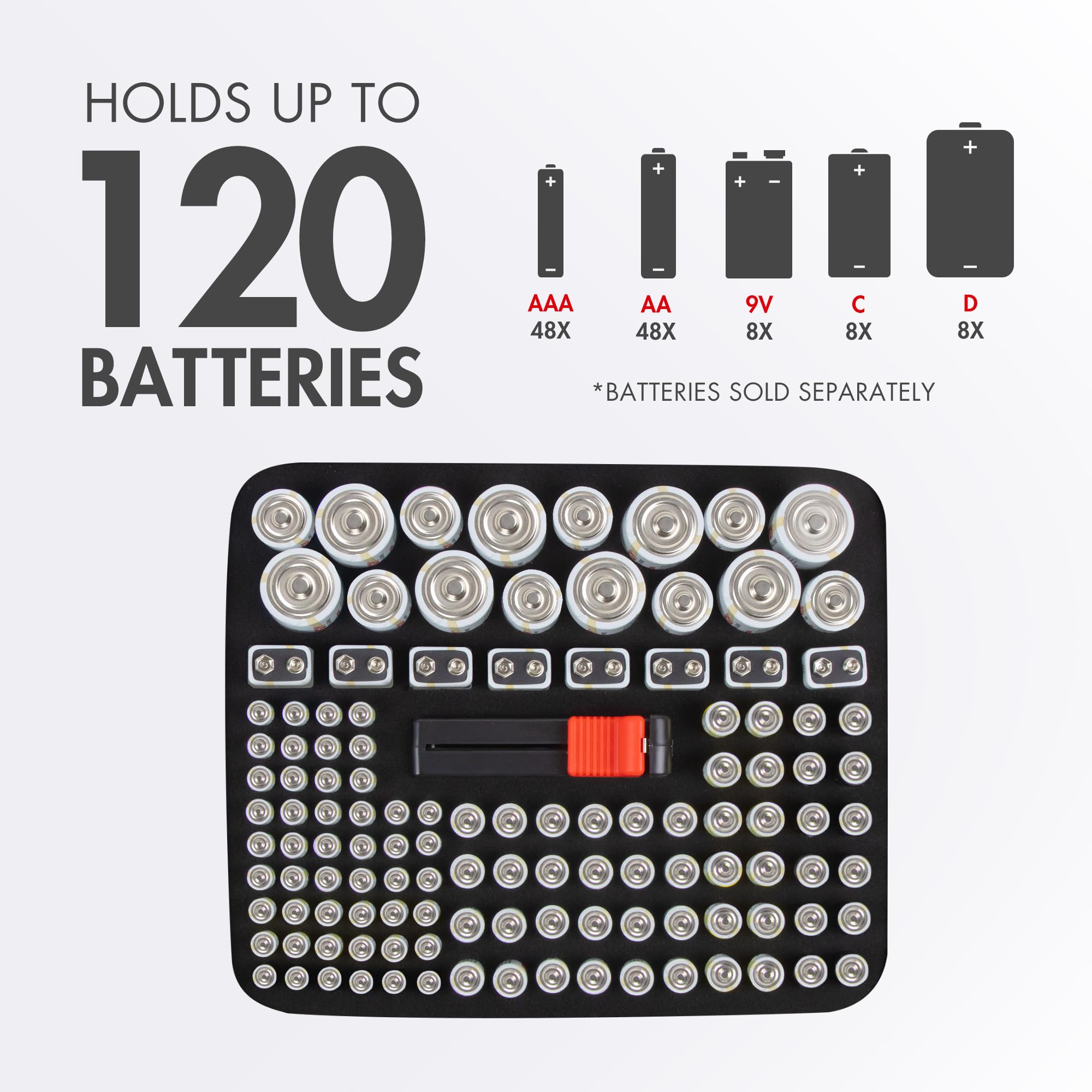 Tenergy Custodie di stoccaggio dell'organizzatore della batteria con tester della batteria, Nero, Holds 120 Batteries, Moderna