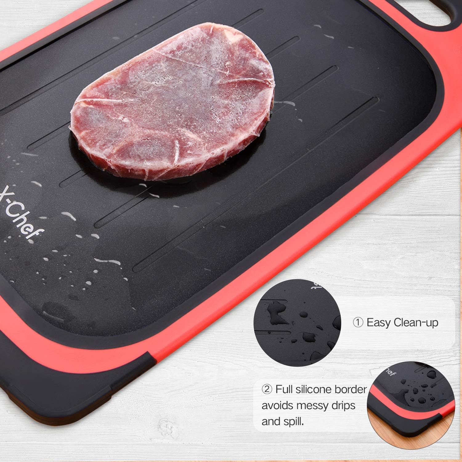 X-Chef Defrosting Tray, 2 in 1 Meat Thawing Cutting Board, Fast Thawing Plate and Chopping Board for Kitchen Frozen Food, 2 Side Use Meat Defroster, Large, 15.9x9.5inch, Red