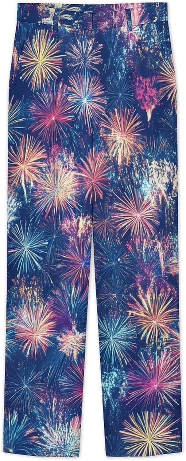 Vintage Fireworks Pattern Men's Classic Fit Suit Pants Straight Leg Design Printed Trousers