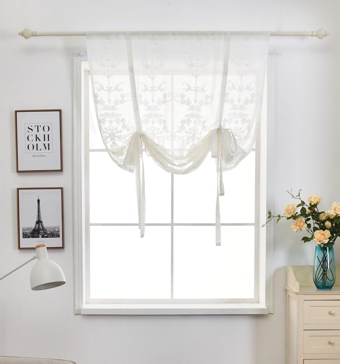 Azerlee Tie Up Curtain Sheer Balloon Shade Kitchen Window Treatment Valance Embroidered Lace Rod Pocket Panel,42 x 63 Inch