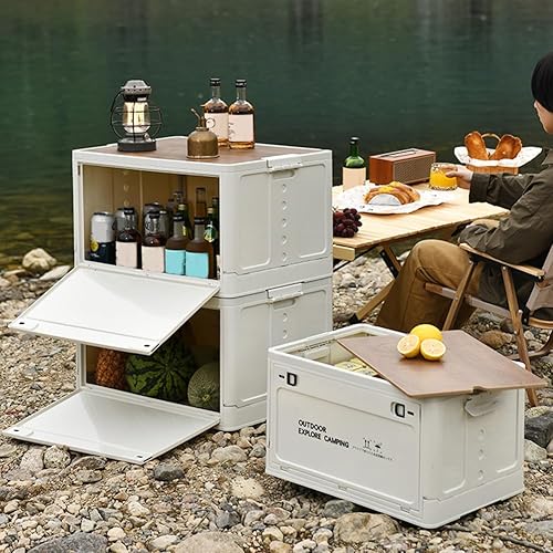 Miniatura 2 de Contenedores de almacenamiento plegables para campamento, caja de almacenamiento apilable con tapa de madera y ruedas, cajón de almacenamiento de
