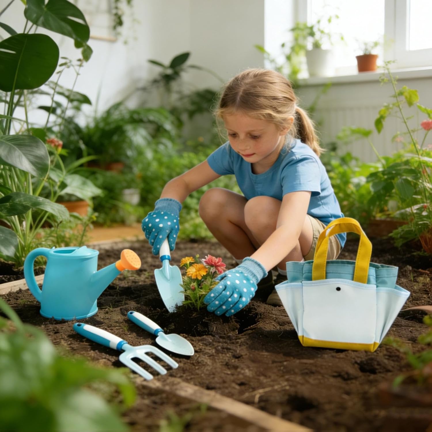 Kids Garden Kit, Educational Gardening Set, Watering Can with Gloves, Planting Toy with 6 Pieces Design, Kids Outdoor Garden Sets, Gardens Play Set for Digging Watering Plant Climbing Flower Vegetable