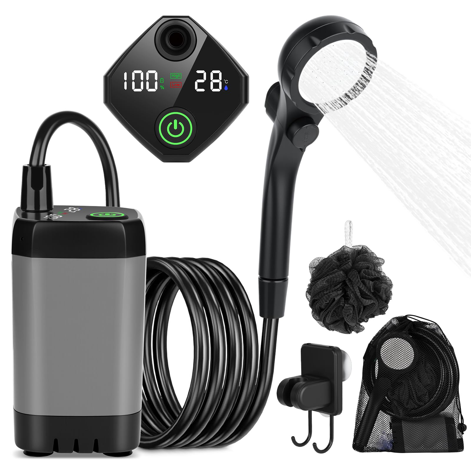 GuKKK Doccia da Campeggio, 7800mAh Doccia Portatile Campeggio, Doccia Campeggio con Display Digitale Intelligente, Doccia Esterna con Soffione Regolabil, per Spiaggia, Auto, Giardino, Animali