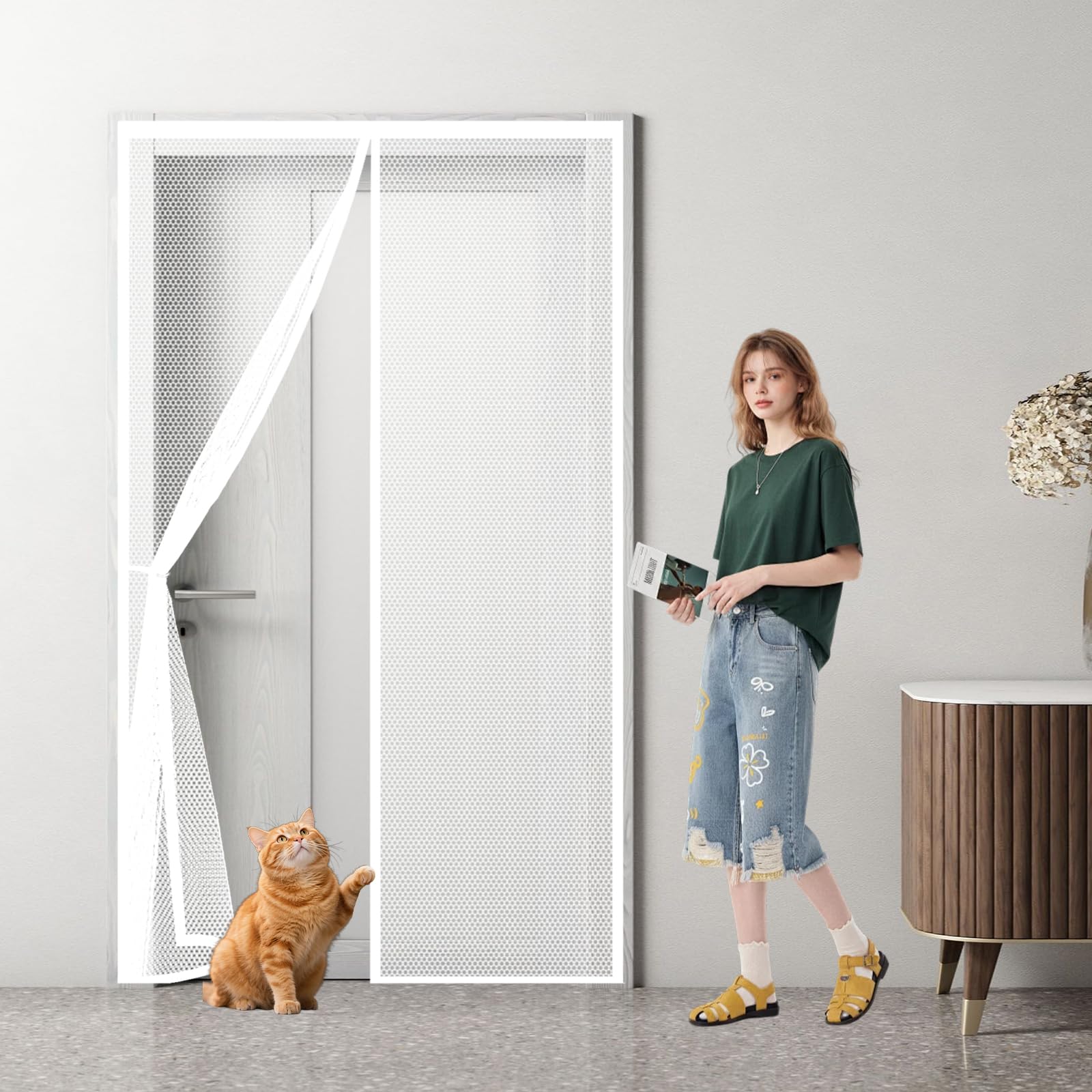 Magnetic Screen Door 170 x 264 cm Keep Bugs Out, Full Frame Magic Tape, Powerful Magnets, Self Sealing, No Drill Installation, Heavy Duty Door Screen for Balcony Bedroom Doors, White