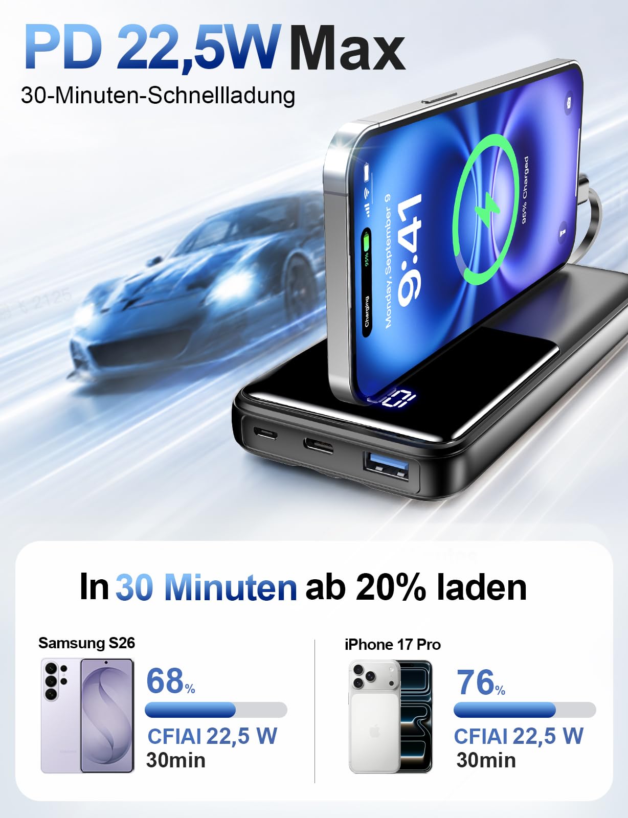 Batterie Externe 26800mAh, 22,5W USB-C Charge Rapide, 2 câbles intégrés