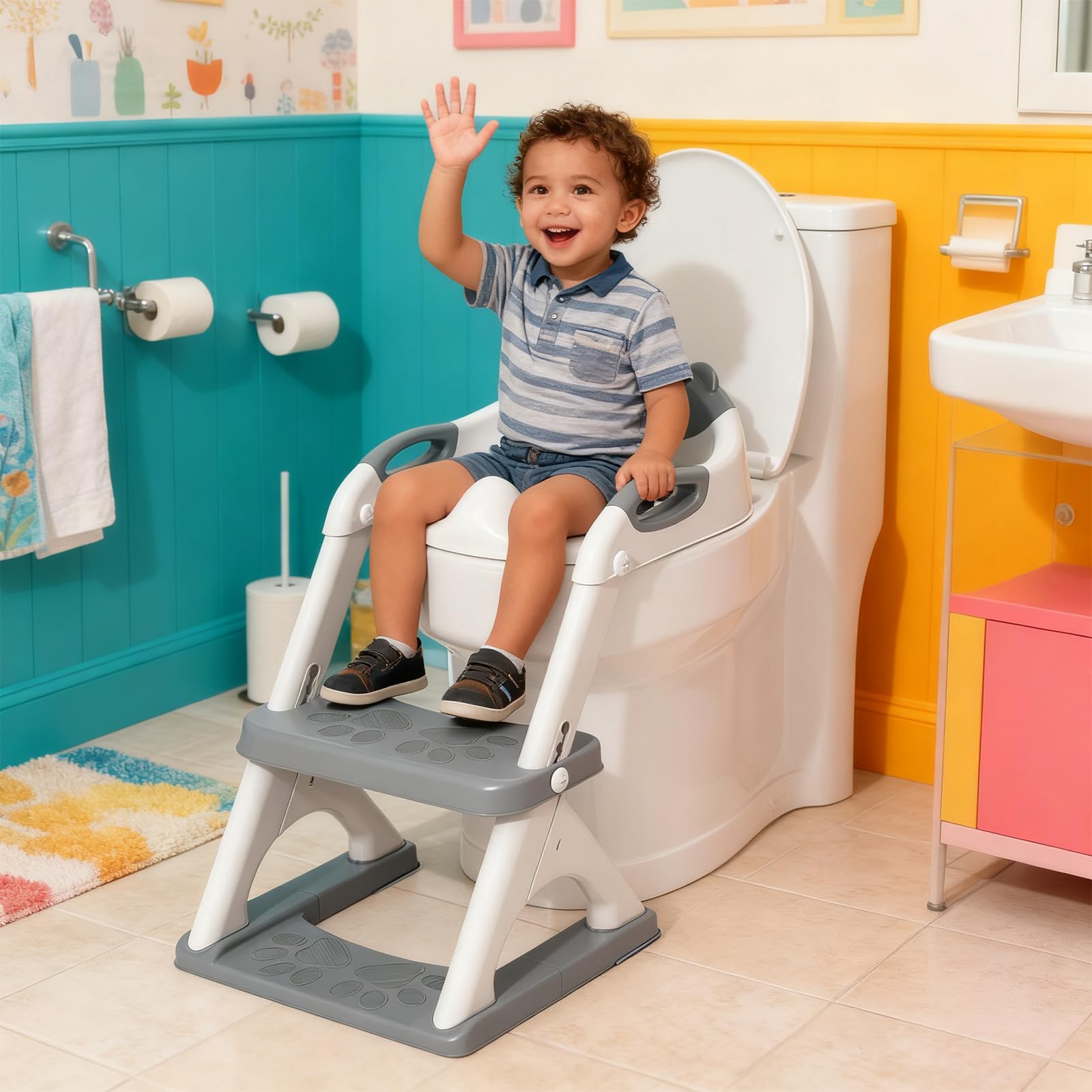 SKYROKU - Riduttore 2 in 1 per imparare a usare il WC, per bambini, regolabile, con scaletta, cuscino antiscivolo, barriera paraschizzi e gradini larghi, supporta oltre 90 kg, rosa