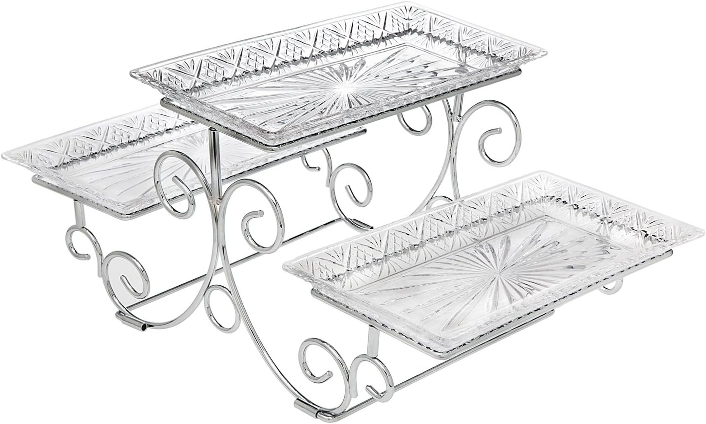 Godinger Silver Art Dublin 3 Tiered Glass Buffet Serving Tray - Chrome Plated Platter Stand with Starburst Design - Party and Event Dessert and Food Display Server