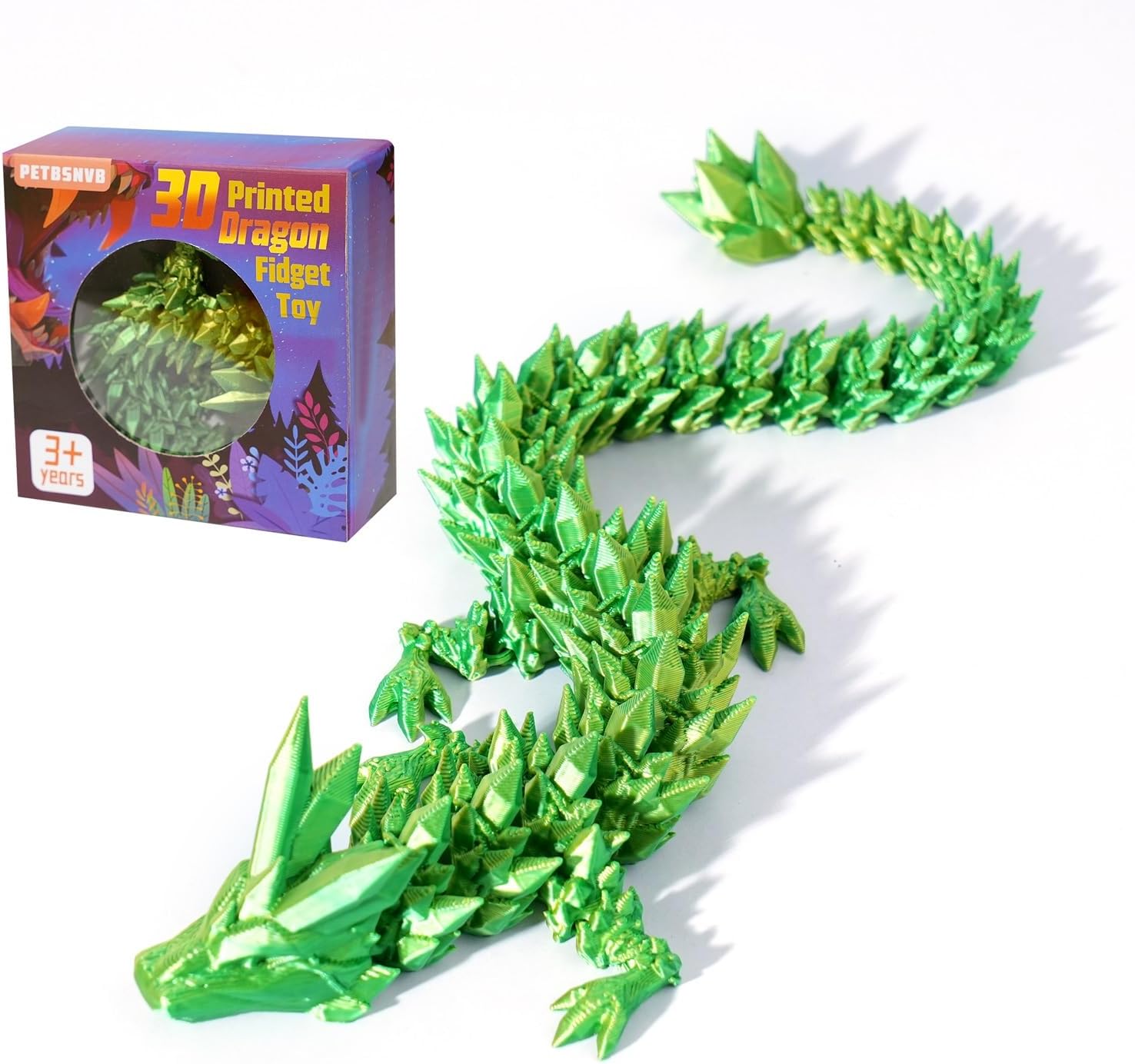 PETBSNVB 12" 3D Printed Articulated Crystal Dragon Fidget Toy - Home Office Decor Executive Desk Toy (Green)