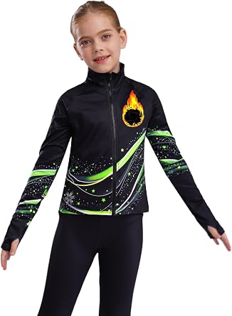 Girls Long Sleeve Stand Collar Shirts Stylish Printed Skating Jacket for Figure Skating Training Competition