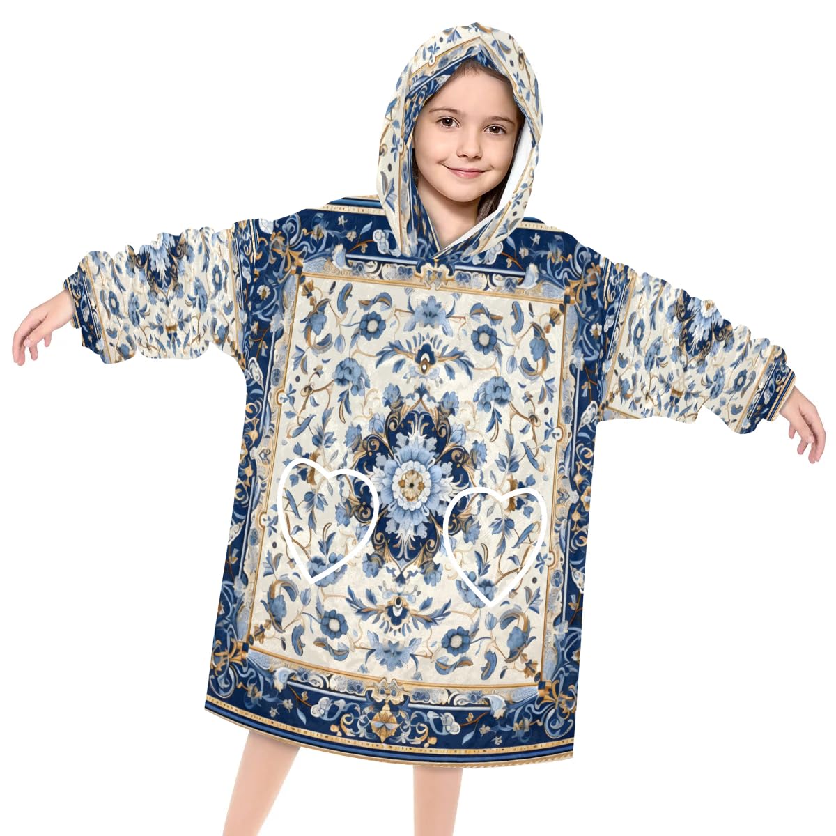 Wearable Blanket Hoodie for Kids, Ornate Aztec Fleece Sweatshirt Blanket Oversized Blanket Sweatshirt with Pocket Flannel Warm Hooded Blanket 6-10 Year Old Girl Boy Gift, One Size