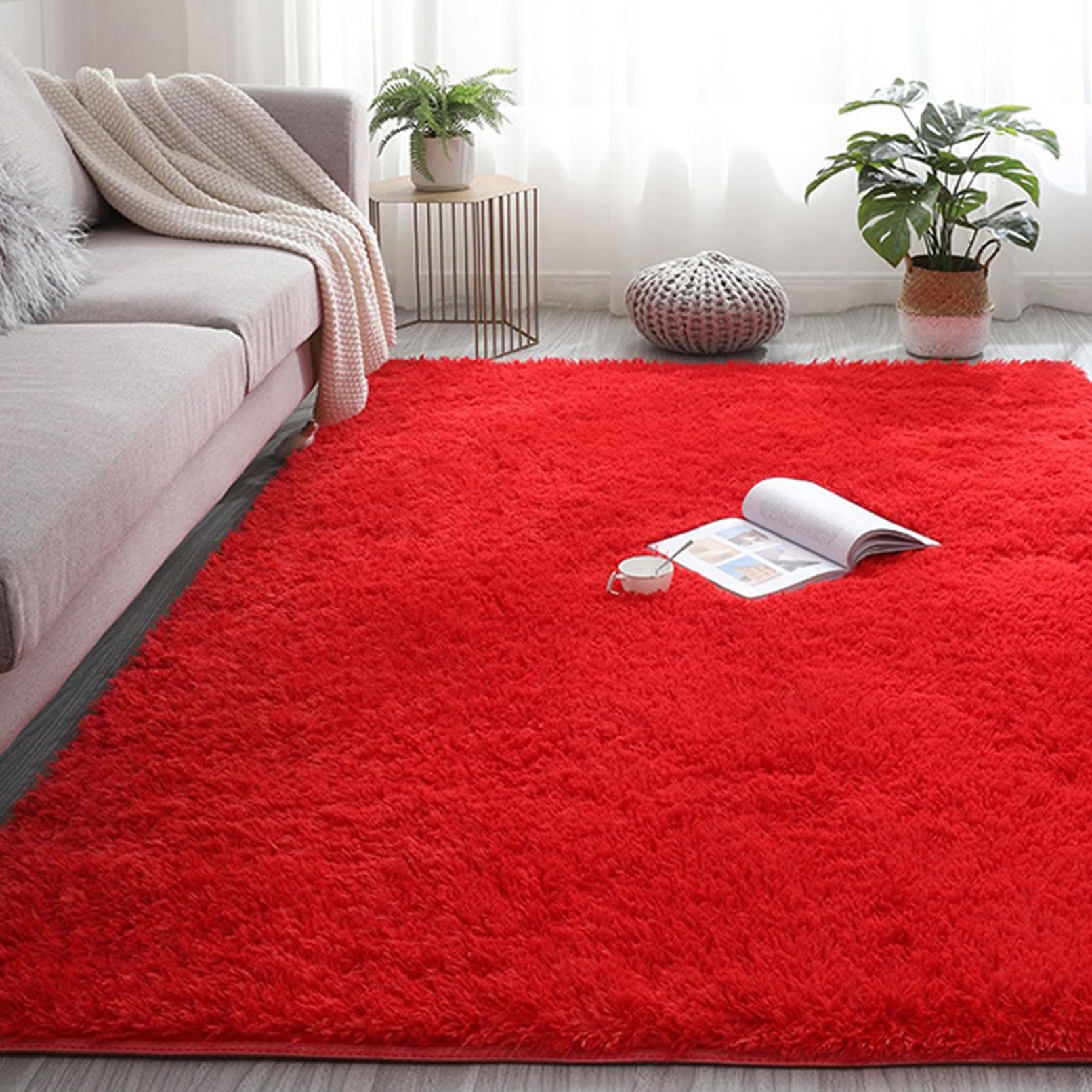 CHBIN Fluffy 70 x 90 cm Area Rugs Anti Slip Home Decor Bedroom Carpets Carpet Mat Plush Velvet Comfortable for Bedside Children's Bathroom Sofa Floor, Red