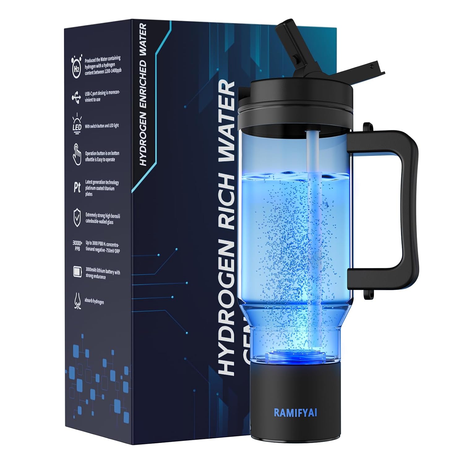 2025 New Upgrade Hydrogen Water Bottle with Braces SPE&PEM Technican 1000ML for Hydrogen Water Generator
