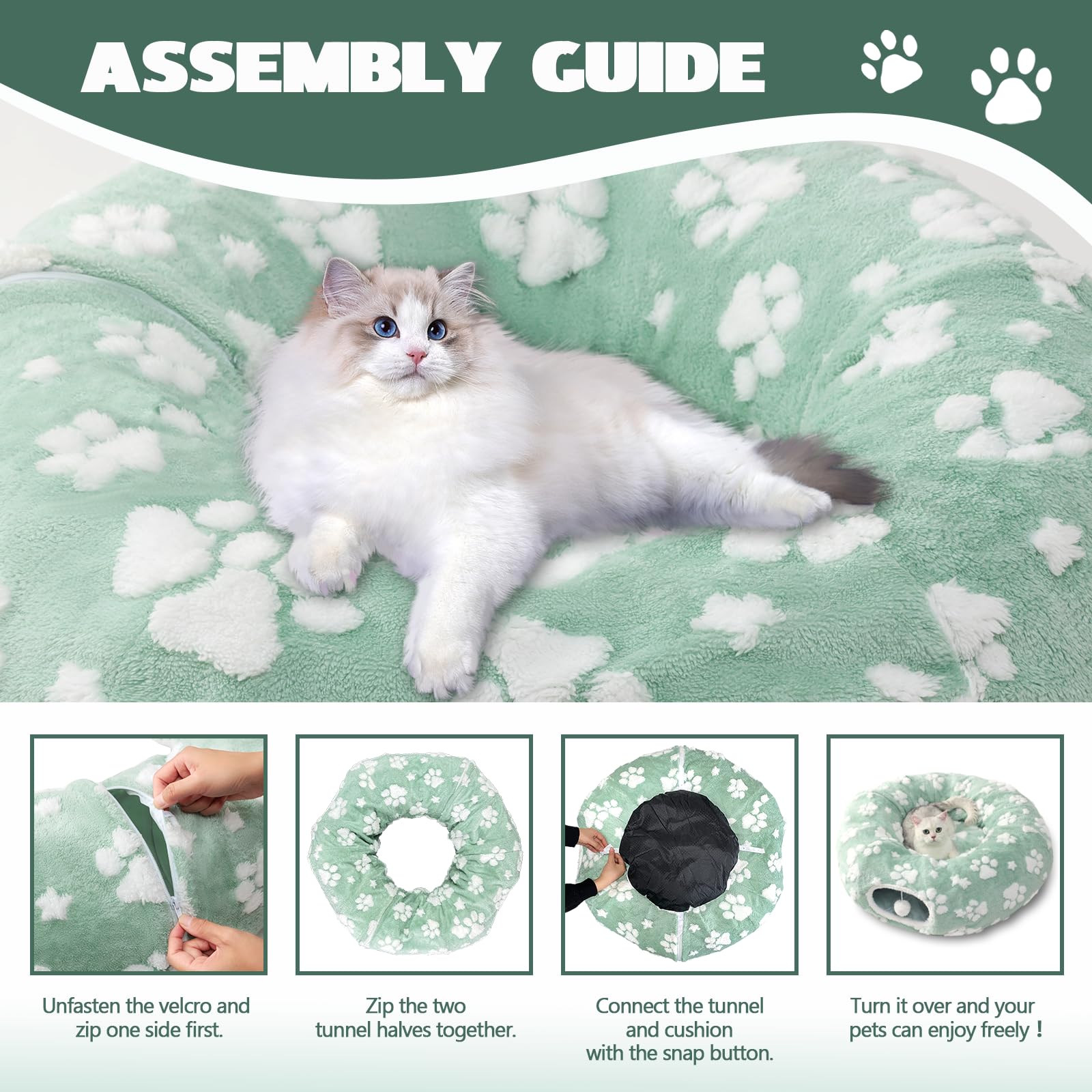 Tunnel per gatti da interni, graziosa grotta a forma di peekaboo con palline pendenti, cuccia a ciambella con tappetino circolare per cuccioli, gattini e conigli, verde