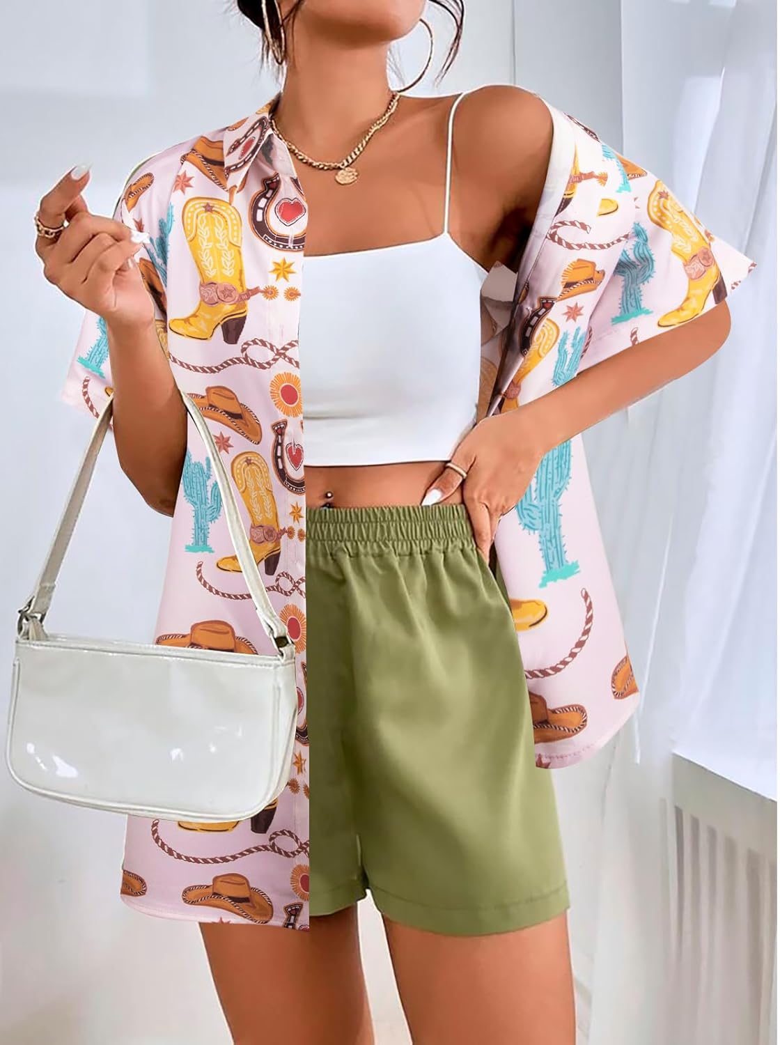 Western Button Up Shirts Women Retro Cowgirl Shirt Rodeo Tops Hawaiian Summer Vacation Short Sleeve Top Blouses - Image 4