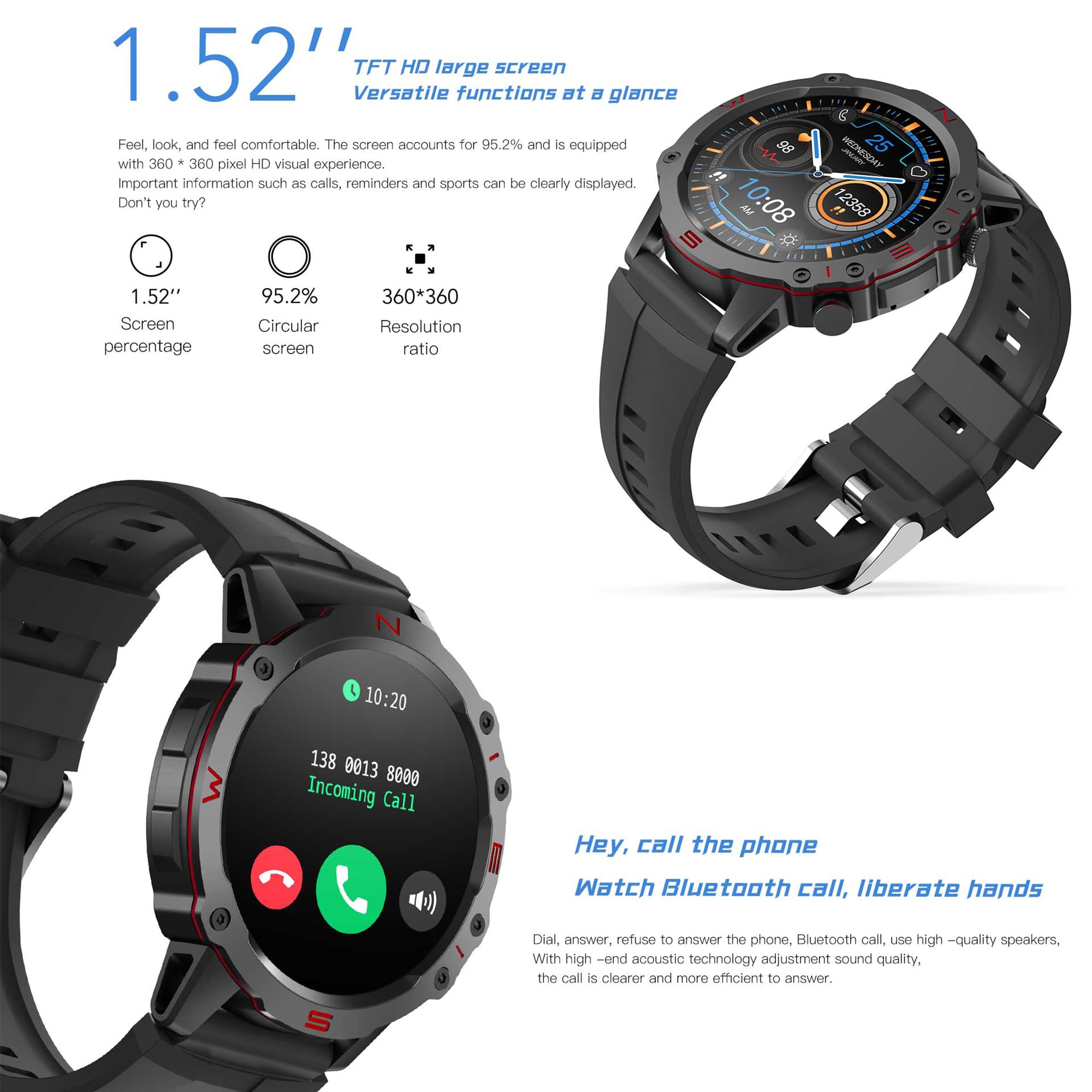 Reloj Inteligente Hombre con Llamada y Whatsapp, 1,52" AMOLED 5ATM Impermeable Reloj Smartwatch 123 Deportivo Hombre con Monitor Sueño, Oxígeno Sanguíneo, Podómetro, Pulsómetro Android iOS (Plata)