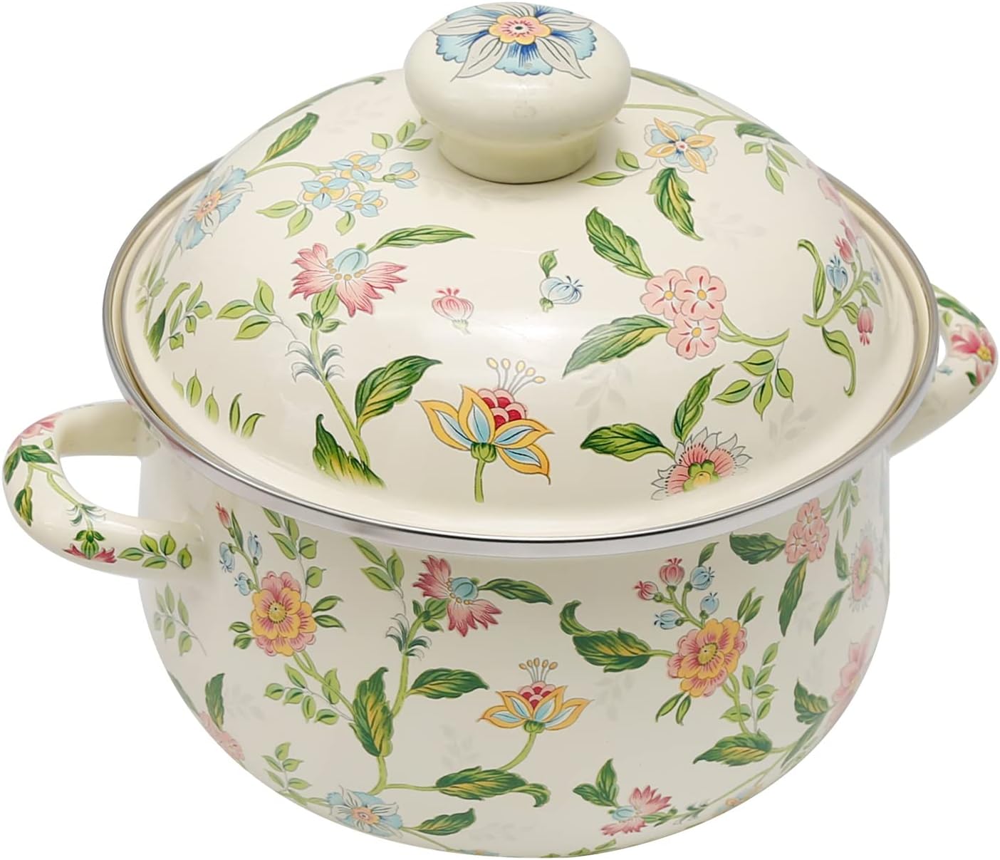 VIKKSAER 2.8 Qt Vintage Enamel Simmer Pot, Green Floral Enamel Stock Pot, Deep Vintage Cookware With Dural Handle for Stove Top, Ideal for 1-3 People