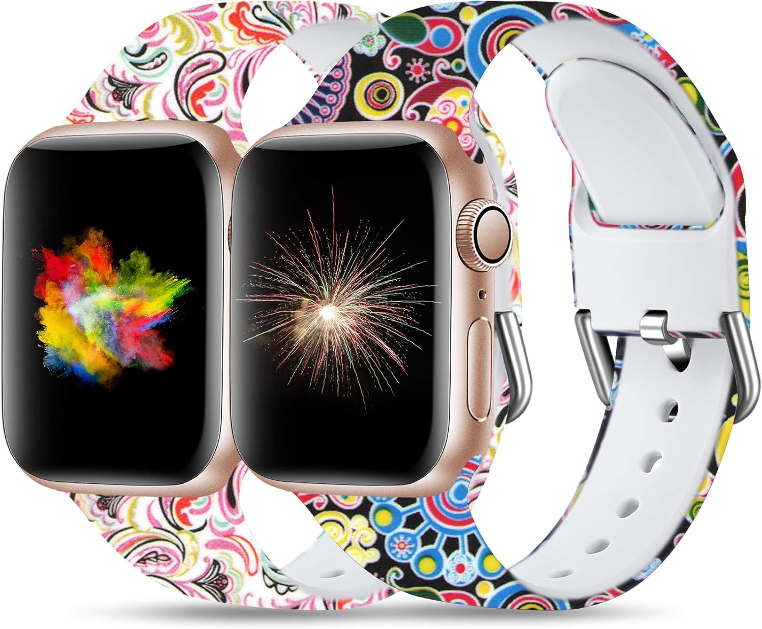 Dirrelo Compatible for Apple Watch Bands 44mm 42mm iWatch SE & Series 6 & Series 5 4 3 2 1 Silicone Pattern Printed Band Strap for Women Men Wristband, M/L 2-Pack Colorful Cloud & Fireworks