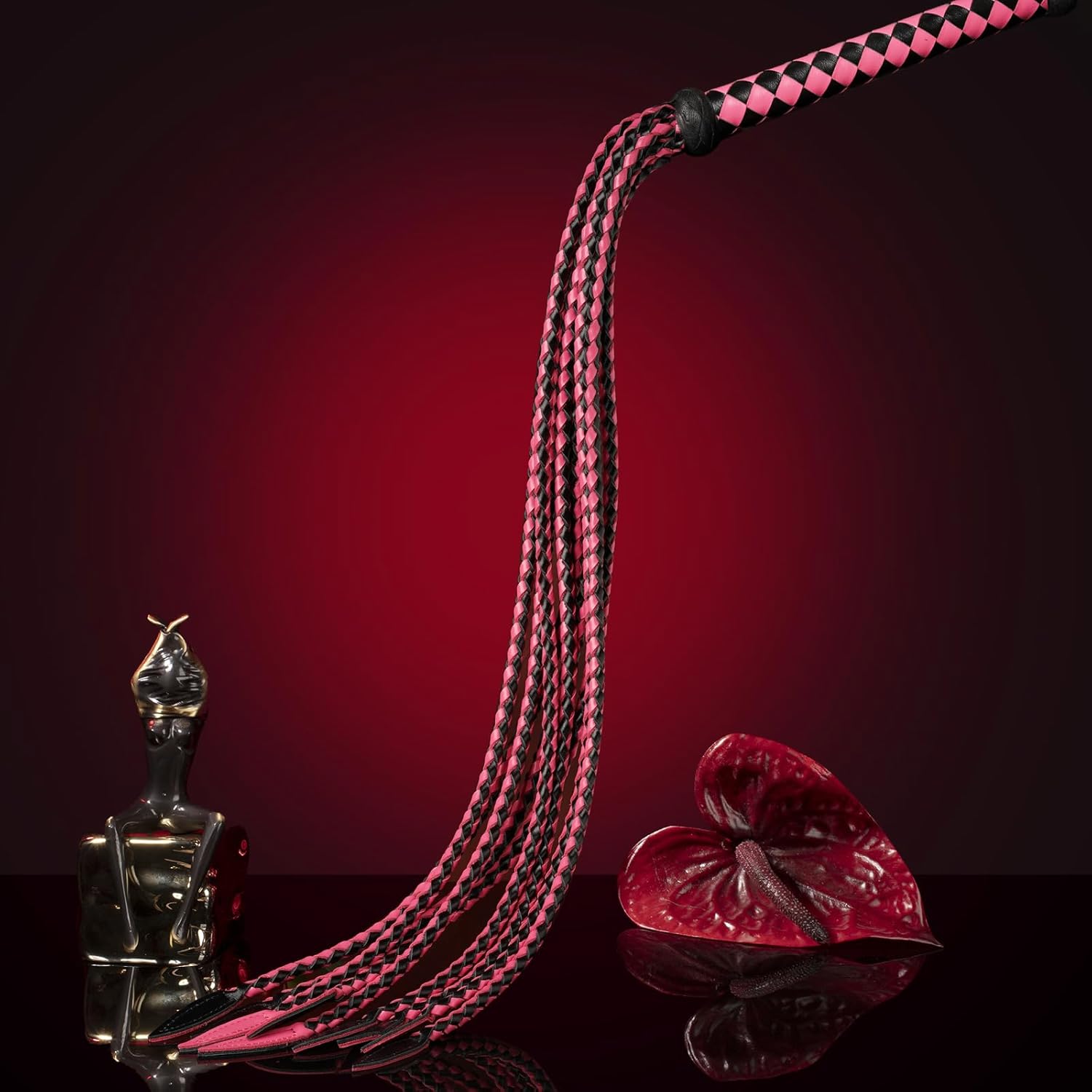 Genuine Leather Red & Black Cat-O'-Nine-Tails Whip | 23cm Handle & 59cm Tail | Hangable Equestrian Training Whip | Handcrafted Premium Horse Equipment