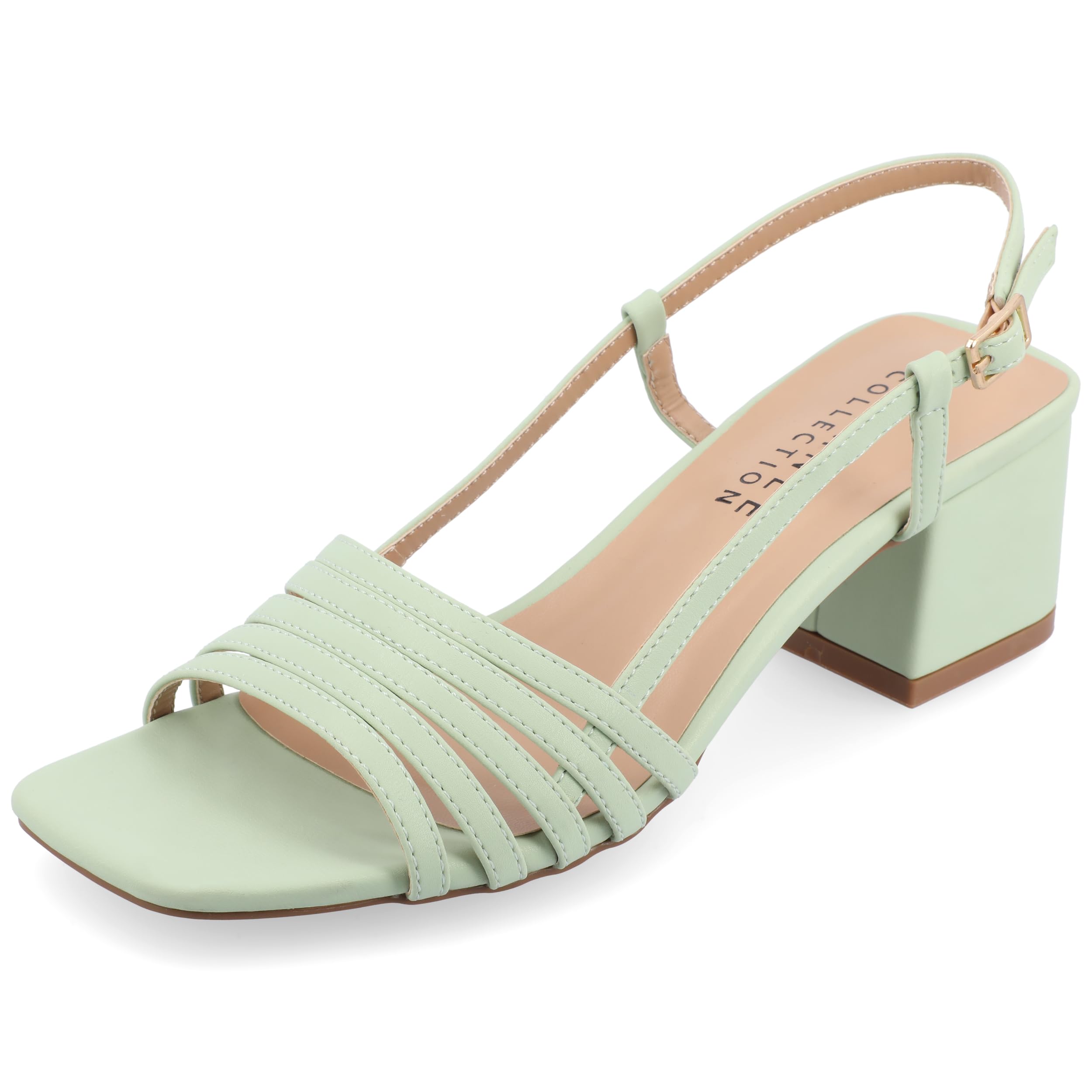 Journee Womens Strappy Buckle Sling Back Covered Block Heel Open Square Toe Shayana Comfort Foam Sandals