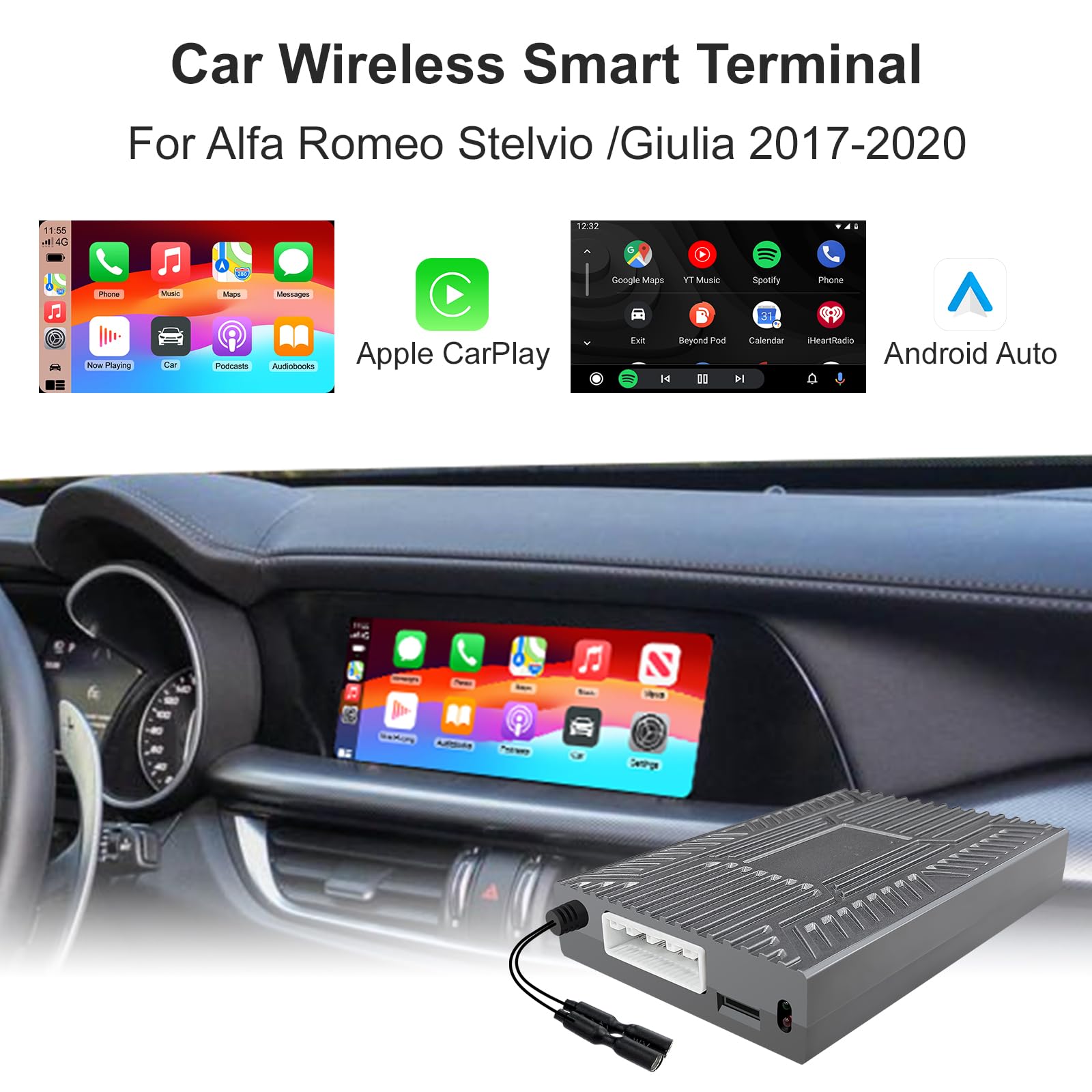 LEXXSON Bezprzewodowy dekoder CarPlay i Android Auto Retrofit do Alfa Romeo Giulia Stelvio 2017-2020, z ekranem 6.5/8,8", Plug & Play, obsługa sterowania Bluetooth i nawigacja