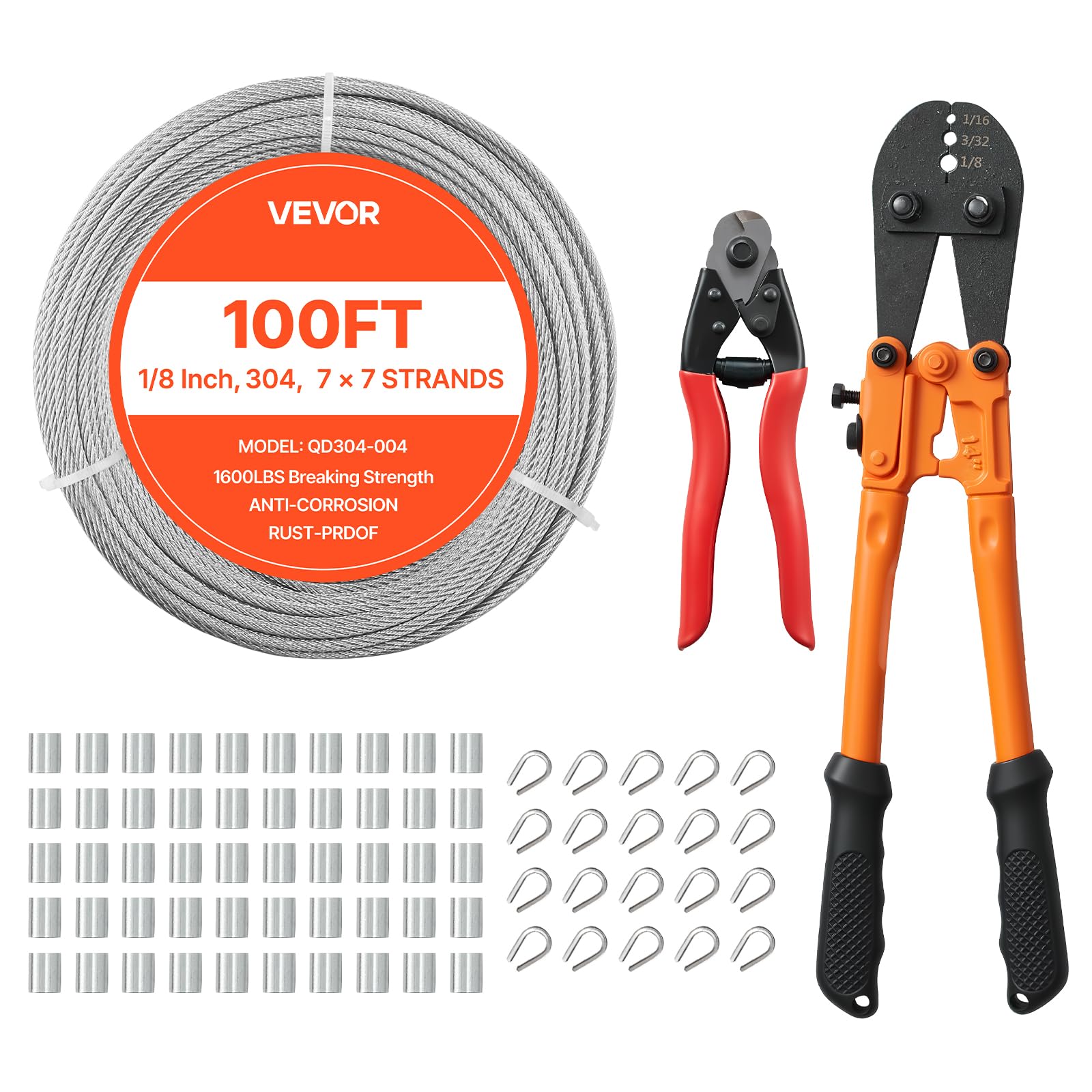 VEVOR 1/8 Inch Wire Rope Kit, 100 ft Length, 304 Stainless Steel Wire Cable with Cutter, 1600 lbs Breaking Strength, 7 x 7 Strands Construction, Steel