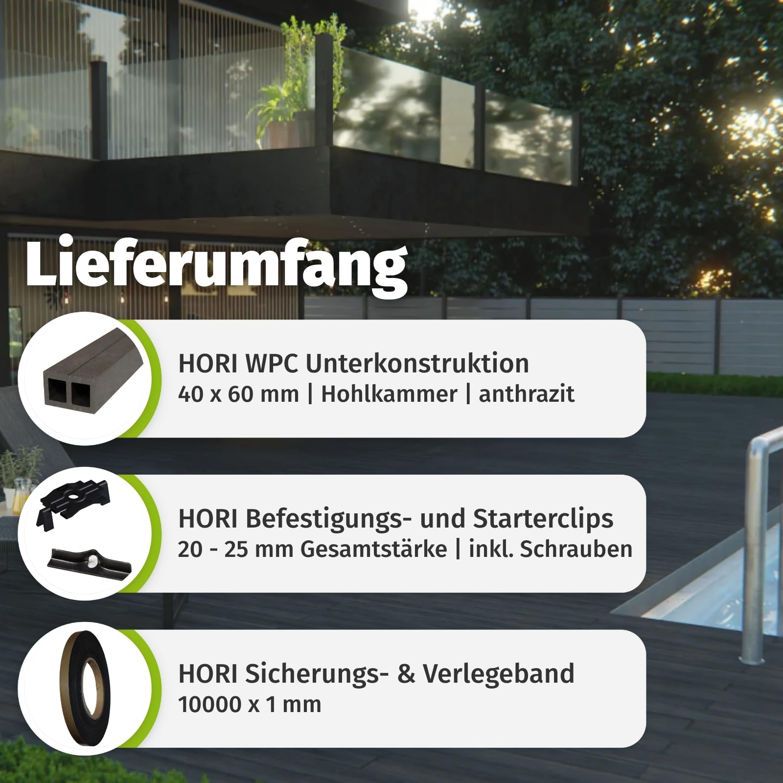 HORI Barbados WPC Terrassendielen Komplettset massiv - beidseitig nutzbar mit WPC - Unterkonstruktion inkl. Befestigungsclips Komplettbausatz Fläche: 7 m² - 4,00 m Dielenlänge - Anthrazit