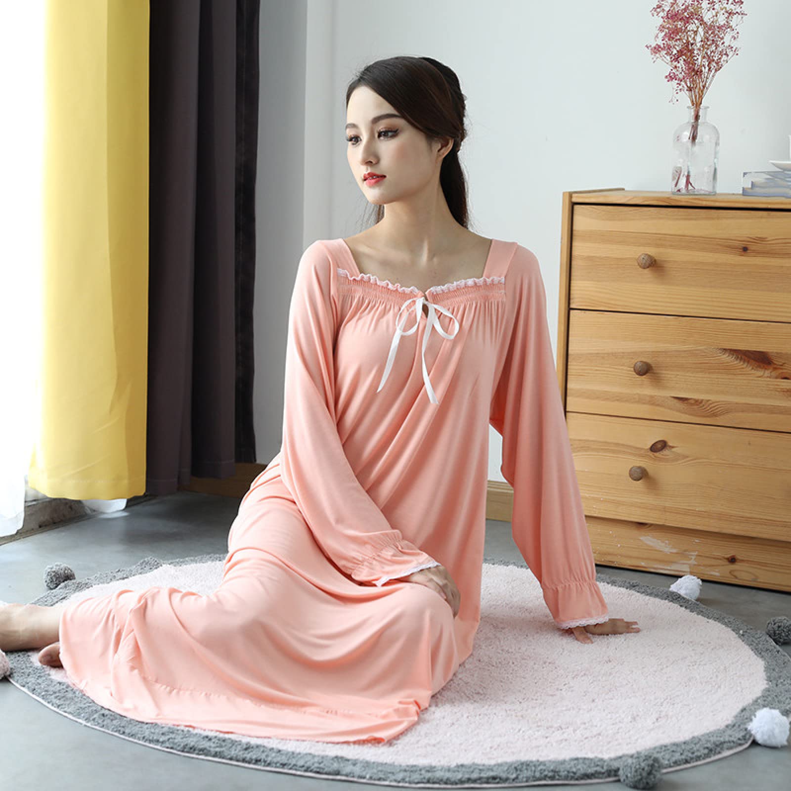 OFFSUM Camicia da Notte Donna - Scollo Quadrato Cotone Casual Camicia da Notte Elegante Pizzo Morbido Confortevole Primavera Autunno Camicia da Notte Traspirante Lingerie Plus Size