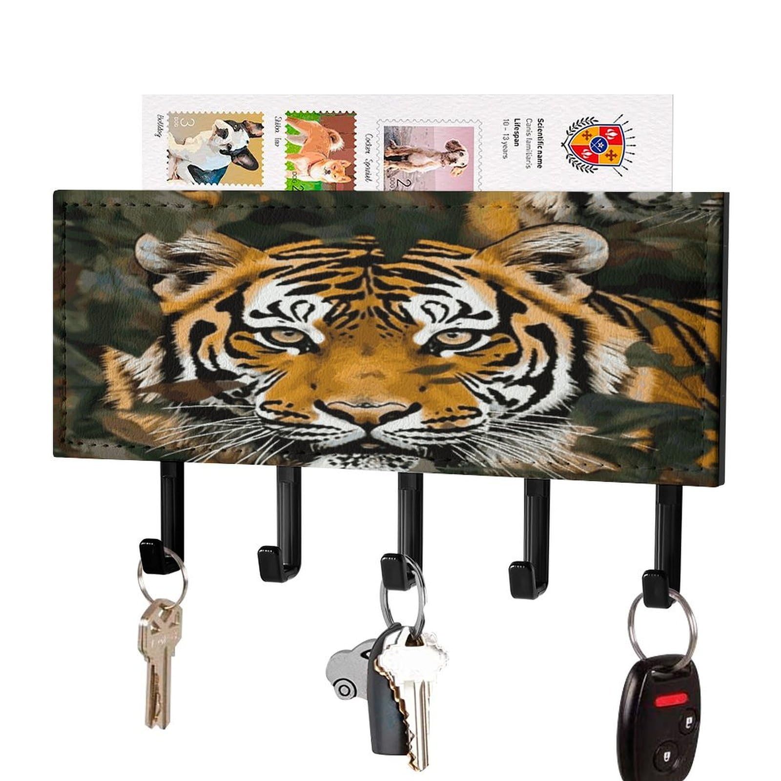 Fekiloot Black-Style Camouflage Tiger Key Holder Wall Mount Key And Mail Holder Key Hanger With 5 Hooks Decorative Pu Key Rack Hanging Key Hooks For Wall Living Room Kitchen Bathroom Hallway